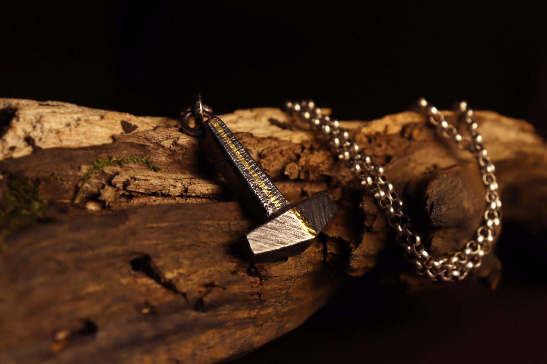 P2003_bark handmade silver and gold thors hammer mjolnir pendant necklace