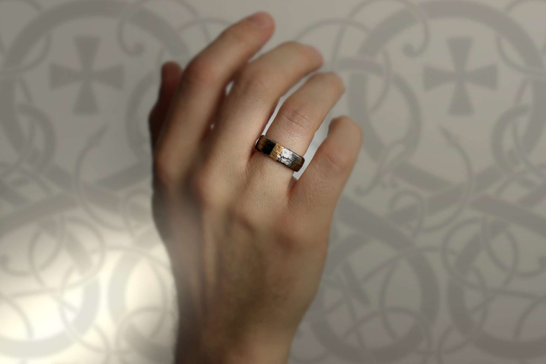 handmade viking wedding ring in silver and gold