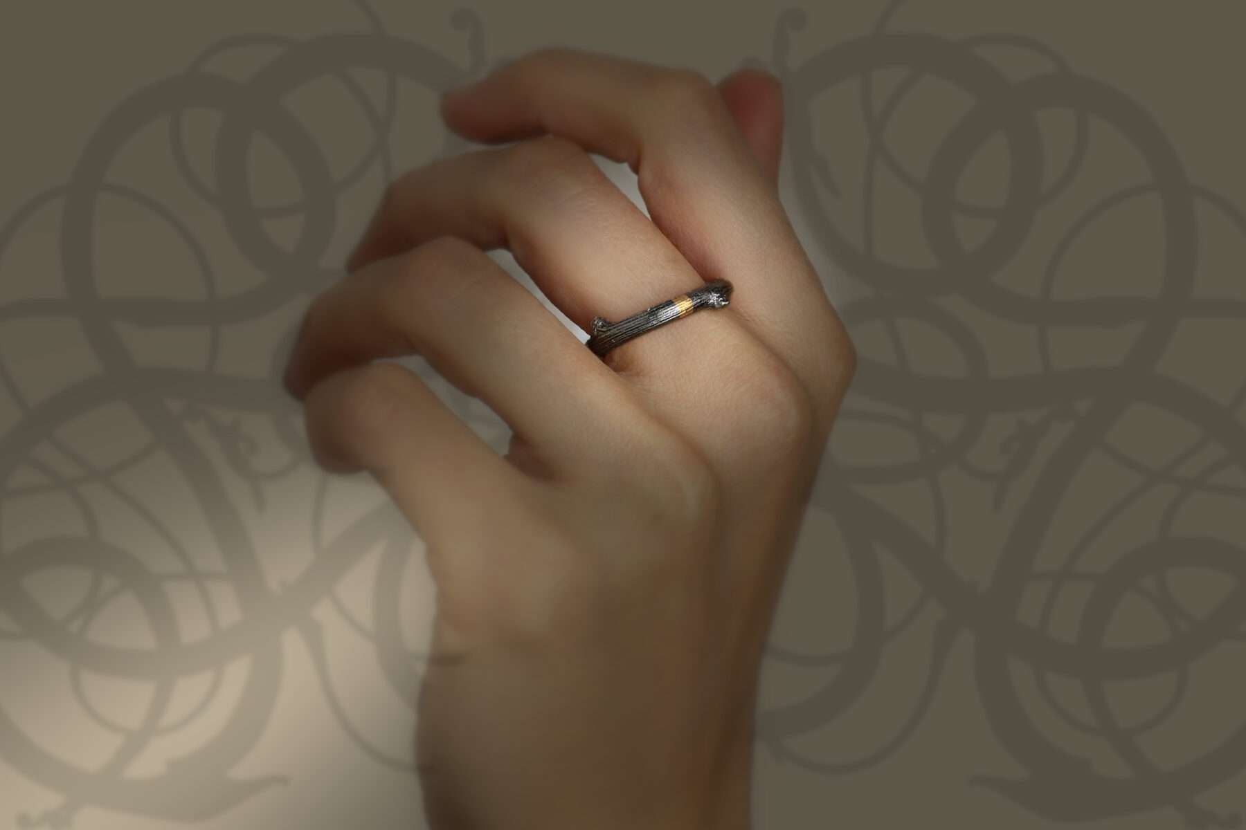 handmade twig viking ring in silver and gold