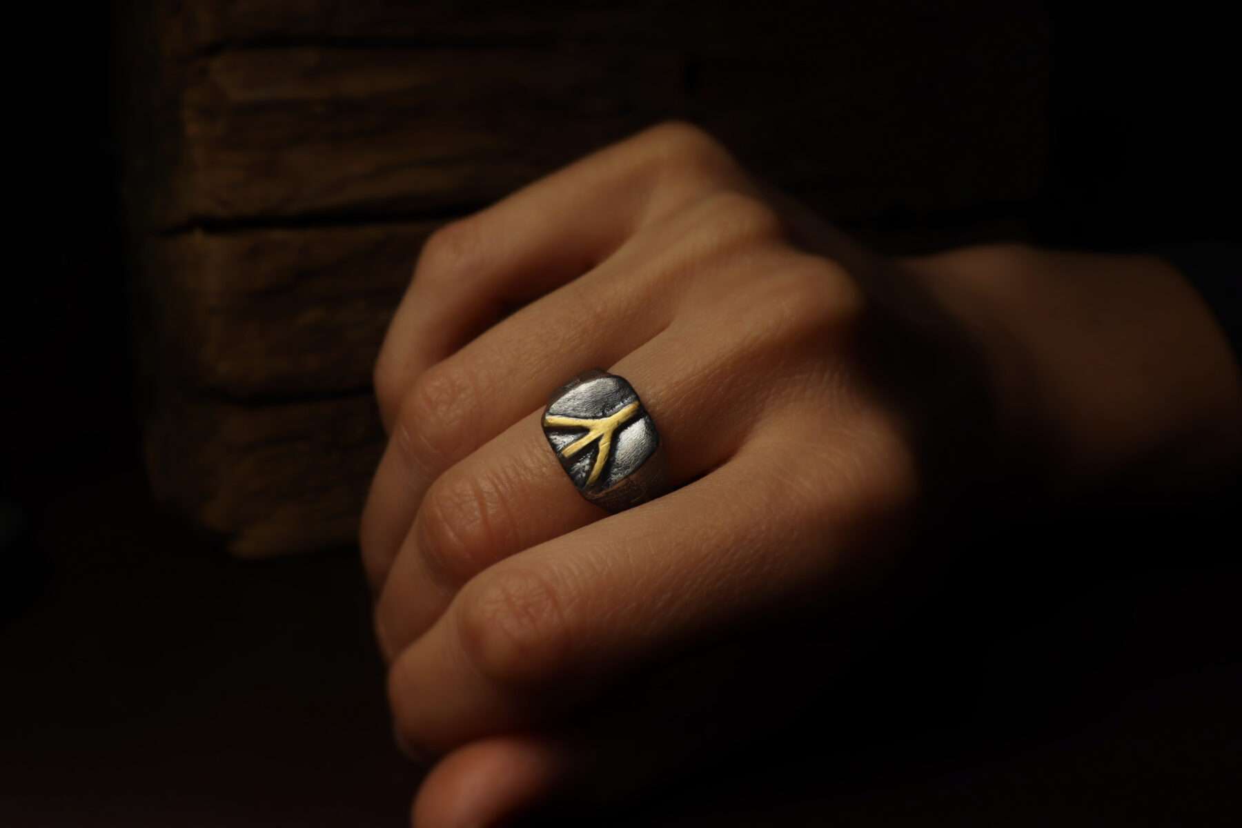 0082_09 handmade rune signet ring in gold and silver