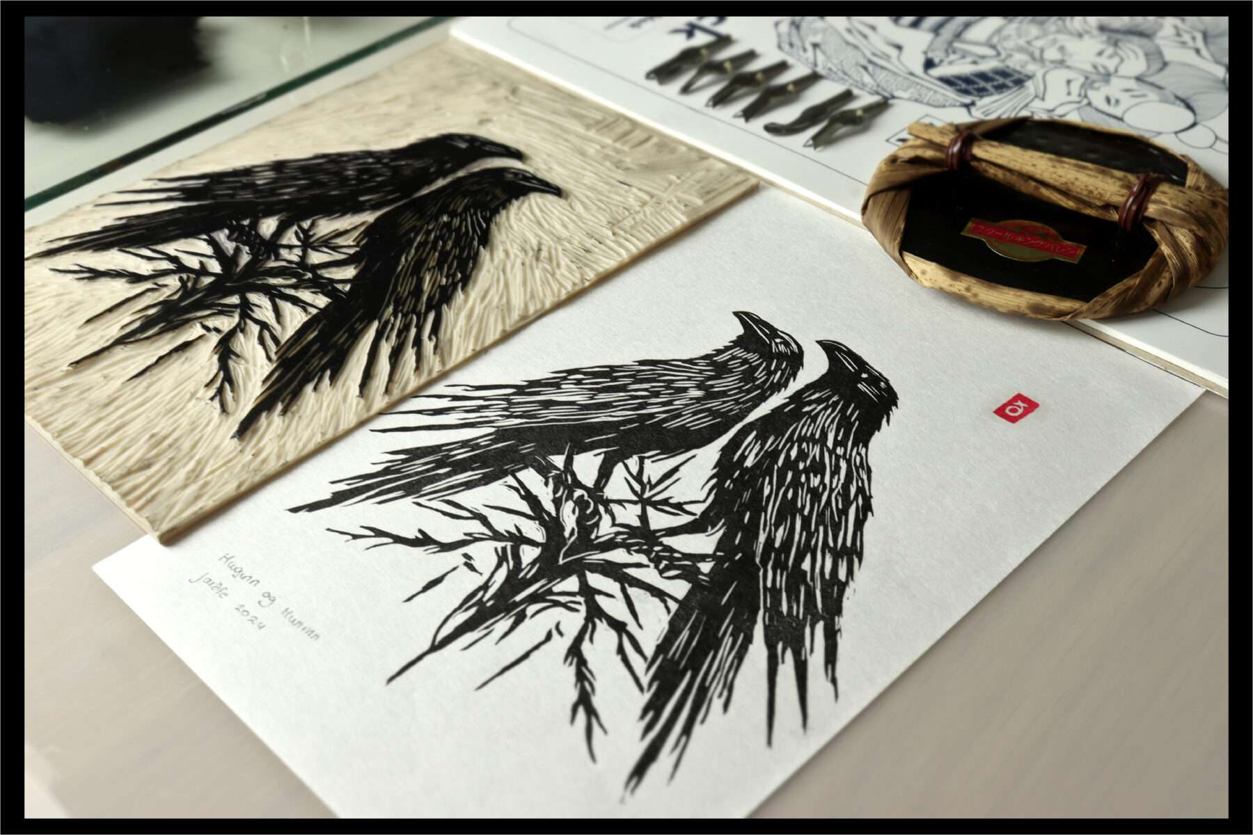 odins ravens huginn and muninn linocut print